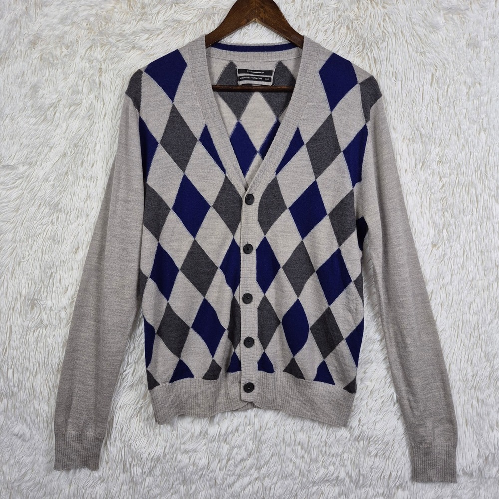 Club‎ Monaco Mens Argyle Merino Wool Cardigan Sweater Grey Blue Large Preppy